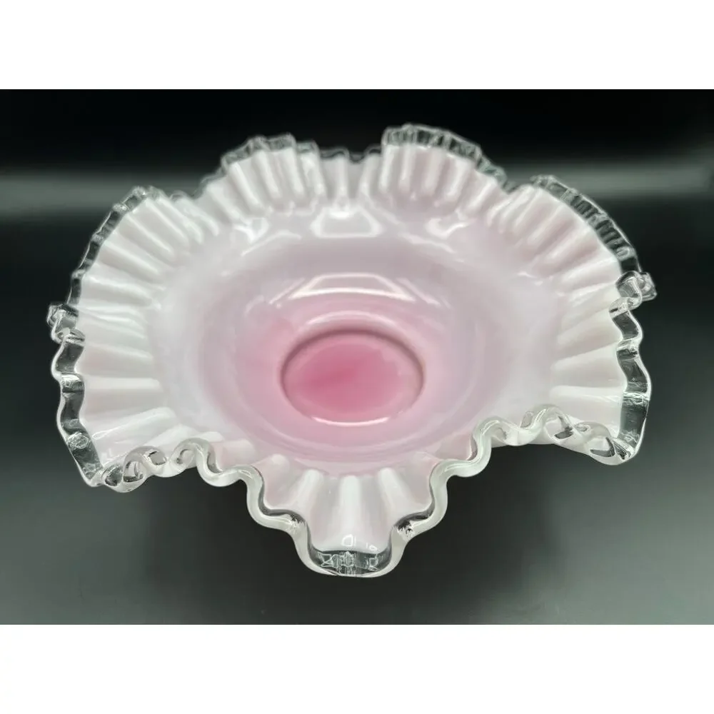 Fenton Silver Crest White w Pink Cased Glass Bride’s Basket Bowl 10.5” Vintage